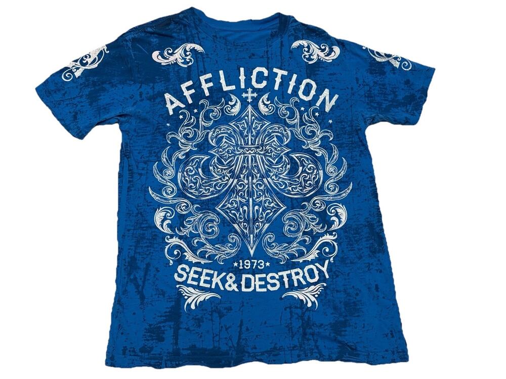 Affliction Mens Distressed Short Sleeve T-Shirt Seek & Destroy Size L Blue White